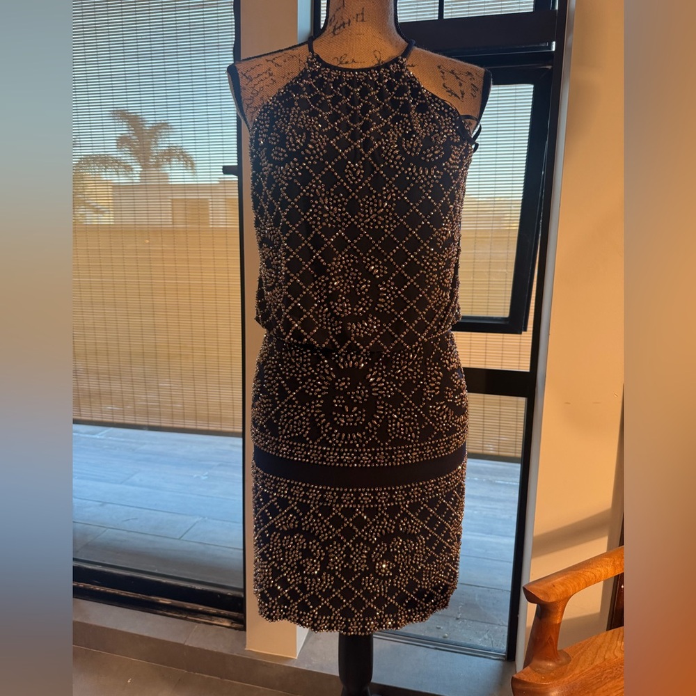 Xscape Black Beaded Halter Sheath Dress